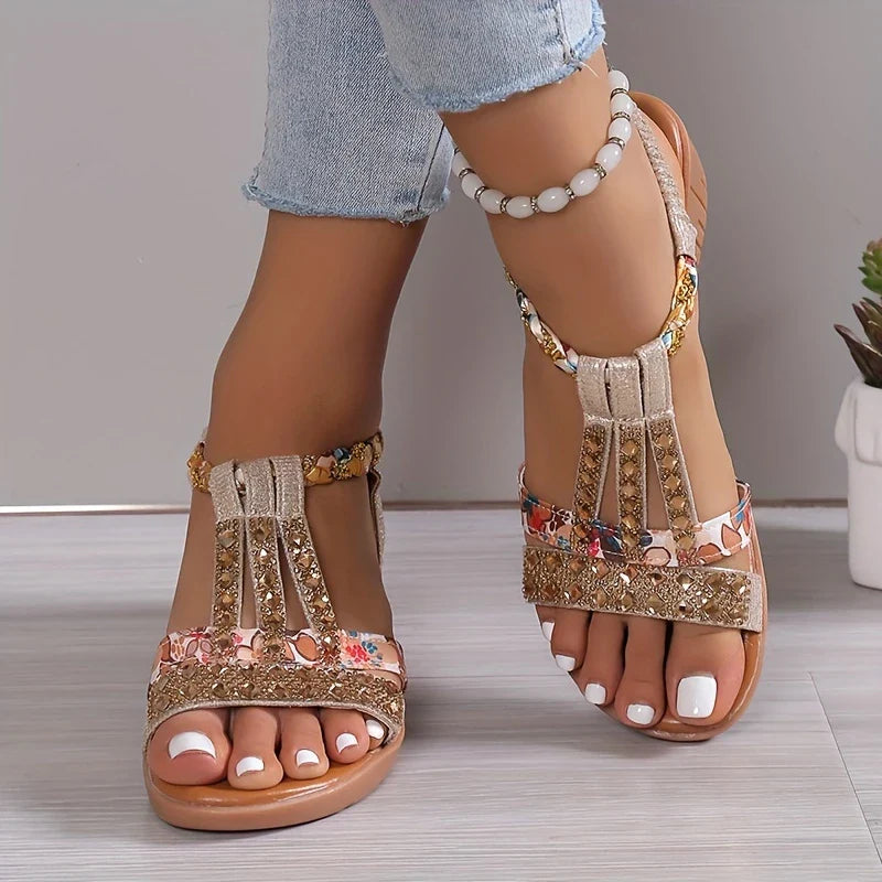 Sandalias de cuña de decoración de diamantes de imitación femenina