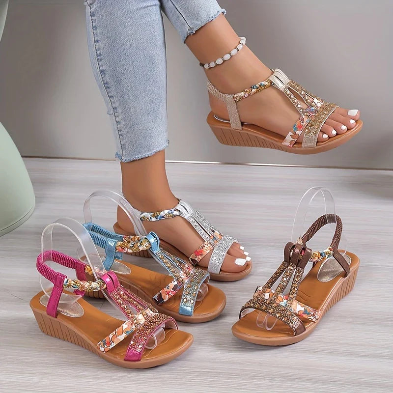 Sandalias de cuña de decoración de diamantes de imitación femenina