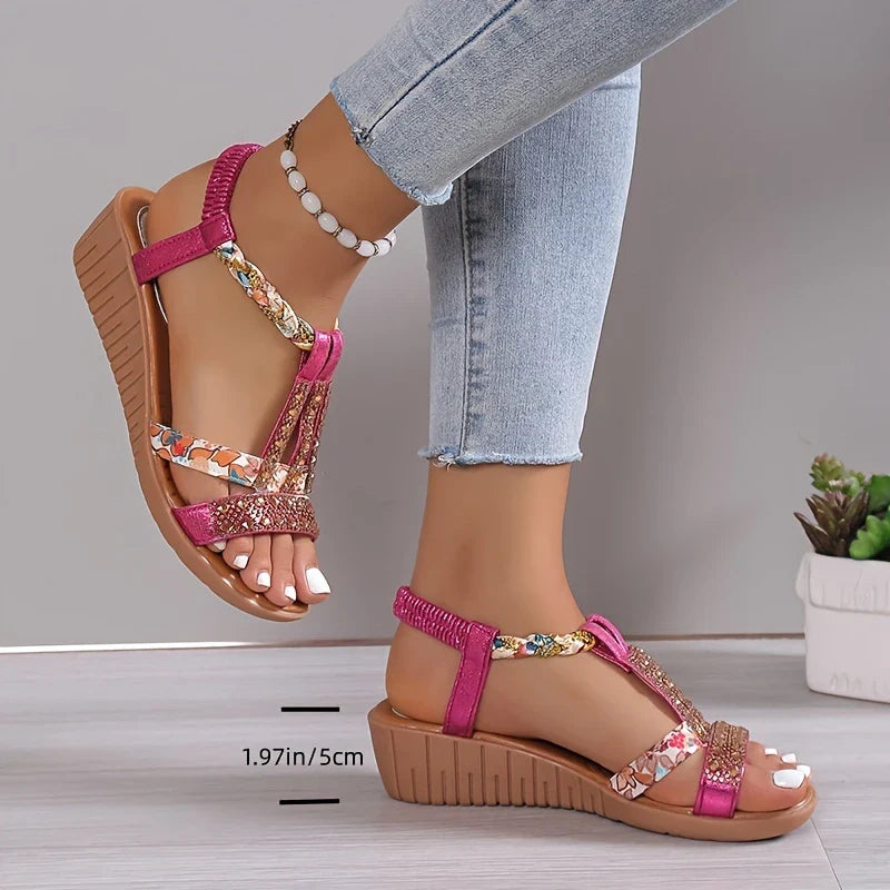 Sandalias de cuña de decoración de diamantes de imitación femenina