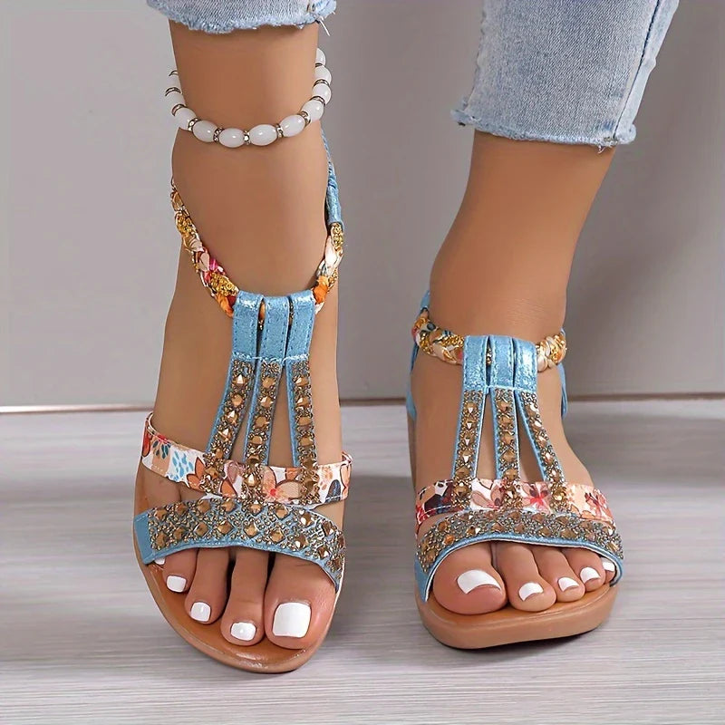 Sandalias de cuña de decoración de diamantes de imitación femenina