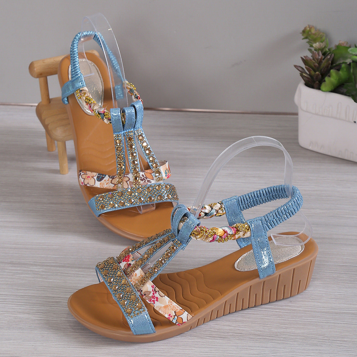 Sandalias de cuña de decoración de diamantes de imitación femenina