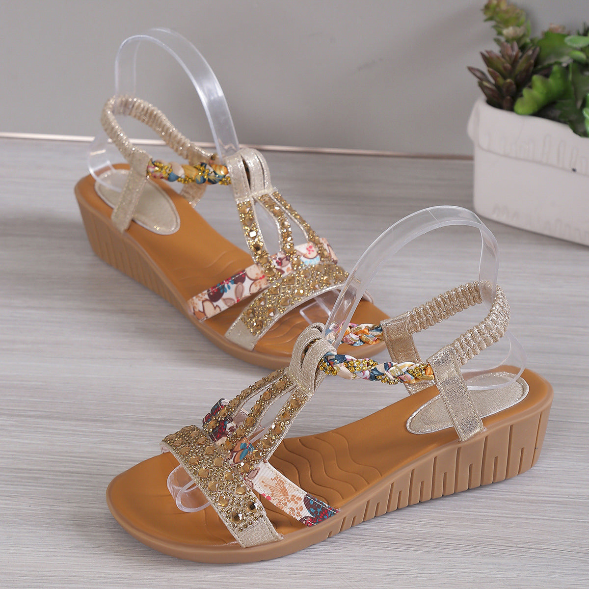 Sandalias de cuña de decoración de diamantes de imitación femenina