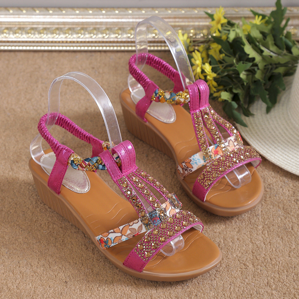 Women's Rhinestone Decor Wedge Sandals